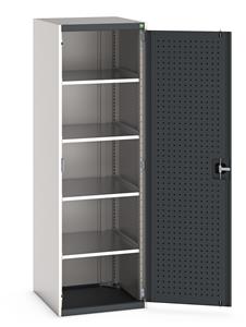 Heavy Duty Bott cubio cupboard with perfo panel lined hinged doors. 650mm wide x 650mm deep x 2000mm high with 4 x100kg capacity shelves.... Bott Tool Storage Cupboards for workshops with Shelves and or Perfo Doors